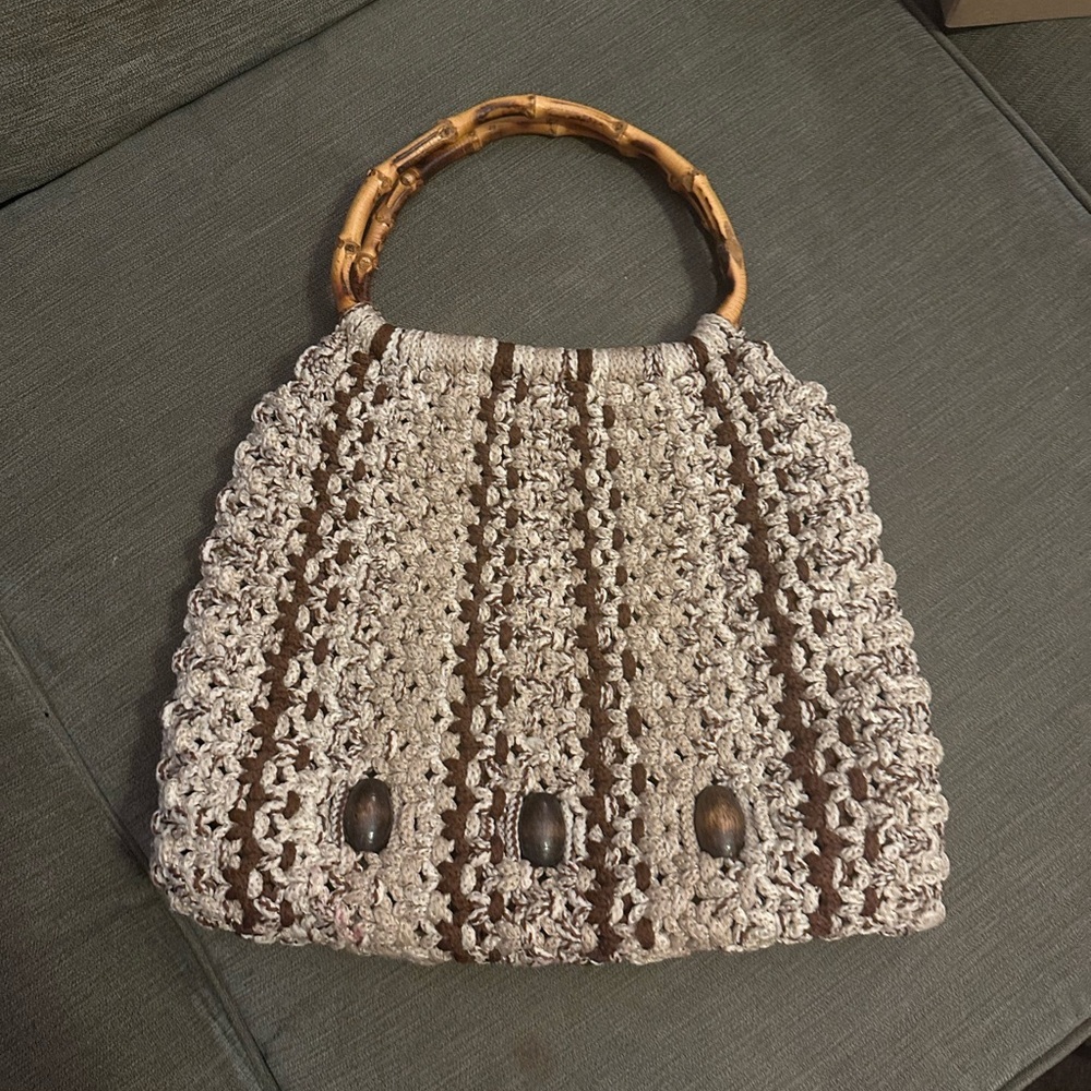 Chic Crochet Shoulder Bag with Bamboo Handle